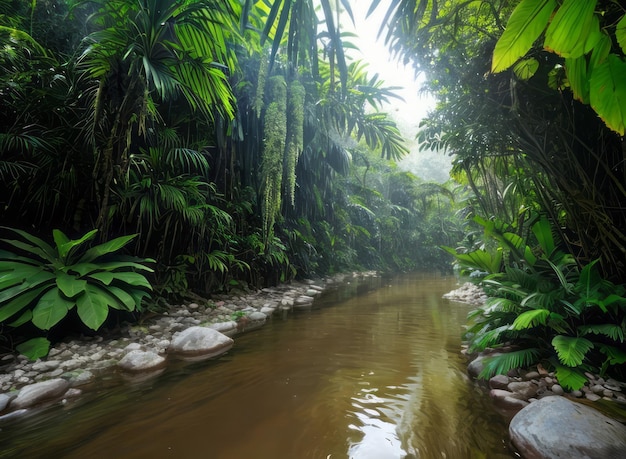 selva tropical com rio floresta de crescimento antigo