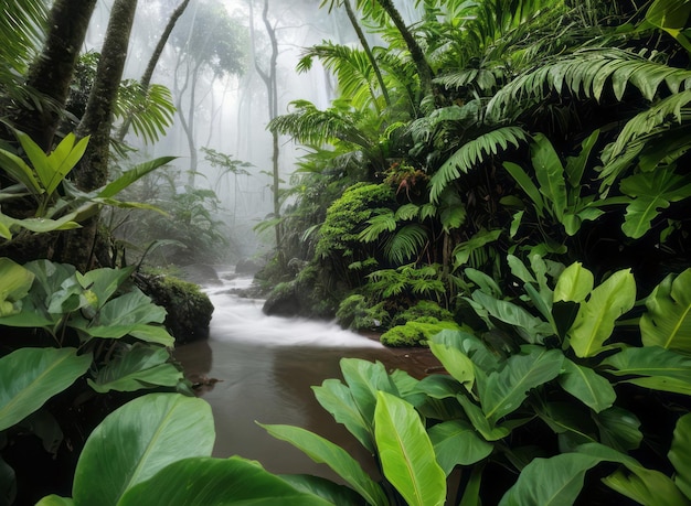 selva tropical com rio floresta de crescimento antigo