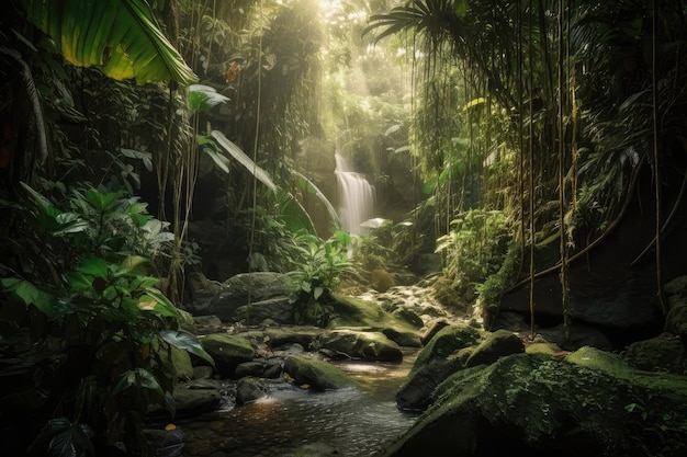 Selva tropical com vista para uma cascata e vegetação luxuriante