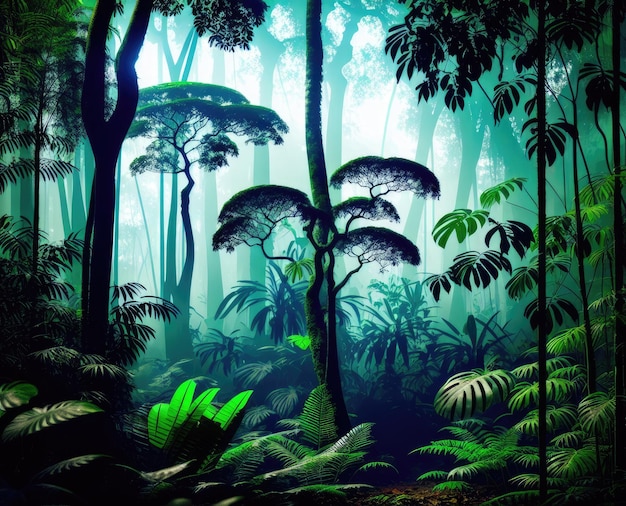selva tropical en un hermoso bosque al atardecer el concepto del paisaje nocturno en el cielo