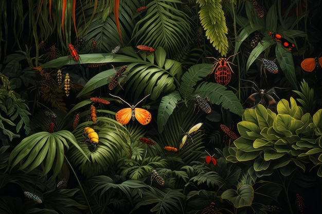 La selva tropical con mariposas y escarabajos