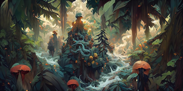 Selva tropical misteriosa sin fisuras con árboles y setas ilustración