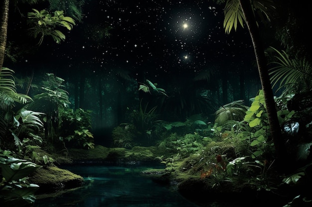 Foto la selva tropical de la noche con plantas exóticas como telón de fondo