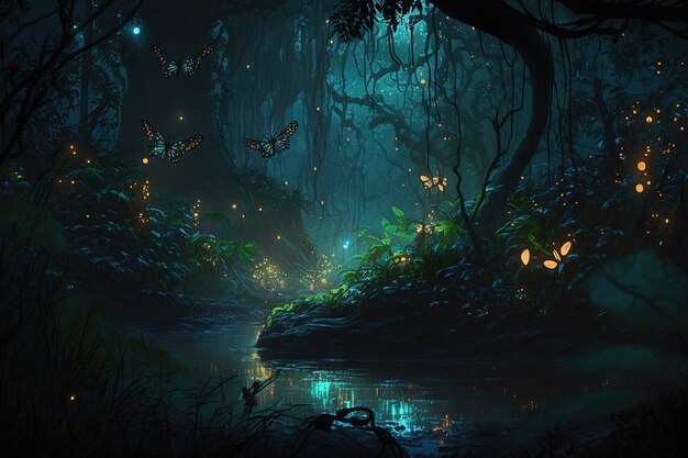 Selva tropical noturna com vaga-lumes Floresta de fantasia atmosférica