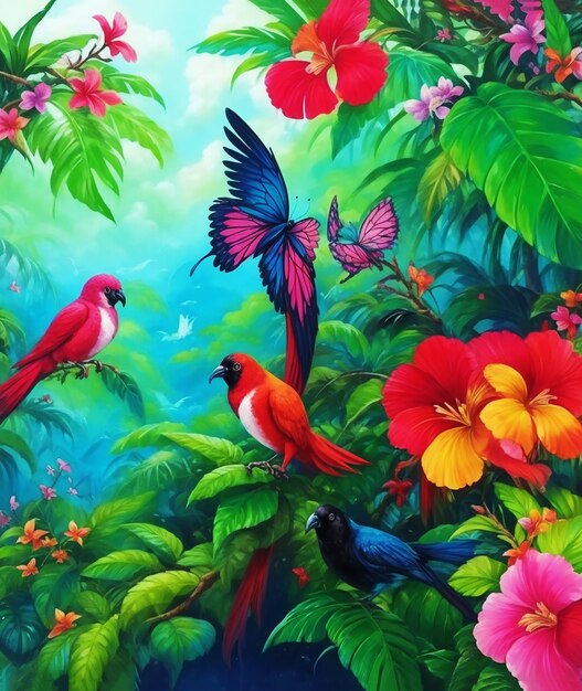 Selva tropical pájaros de mariposas flores nubes esponjosas pintura acrílica sobre papel imagen acrílica HD