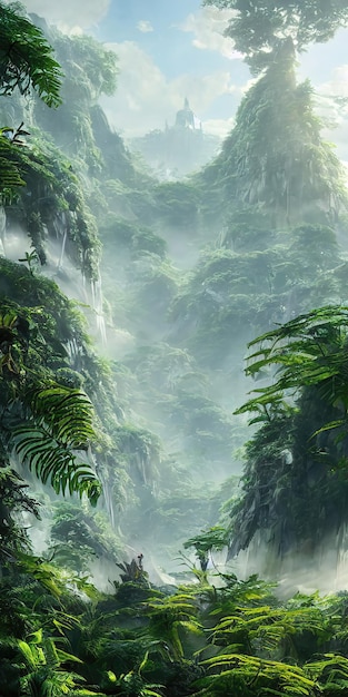 Selva tropical todo está cubierto de plantas y árboles Acantilado vertical fondo tropical ilustración 3d