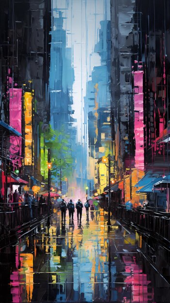 Selva urbana de cyberpunk de néon chuvoso com pintura de pinceladas