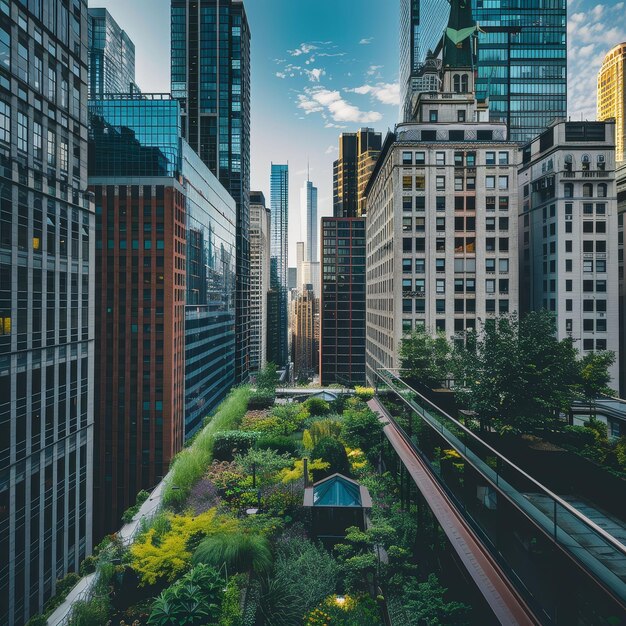 La selva urbana es un oasis verde en los techos entre los rascacielos.