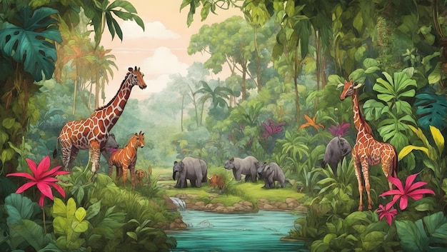 Una selva vibrante con plantas y animales exóticos ilustración