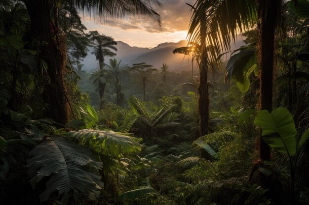 Selva con vista a la puesta de sol detrás de una cadena de montañas creada con ai generativo