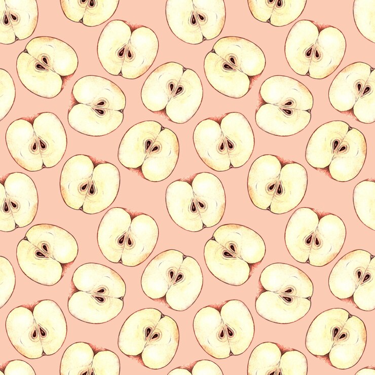 Foto sem costura padrão aquarela com fatias de maçã, pintura em aquarela sobre um fundo rosa.