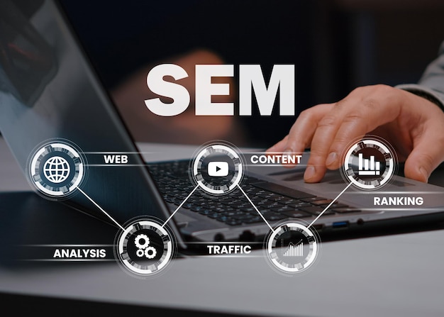 SEM-Suchmaschinenmarketing, digitales Marketing und Internet-Marketing-Bildschirm