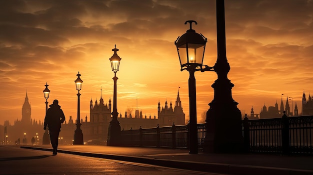 Semáforo gótico suave en el puente de Westminster enmarcado por un autobús londinense borroso y una persona en medio de la puesta de sol de verano que se desvanece