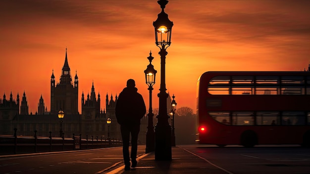 Semáforo gótico suave en el puente de Westminster enmarcado por un autobús londinense borroso y una persona en medio de la puesta de sol de verano que se desvanece