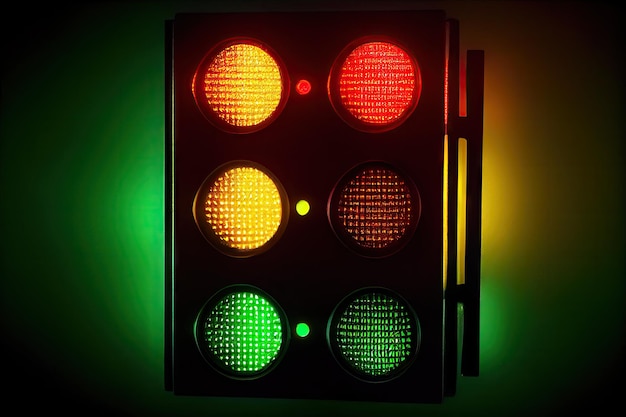 Semáforo con luces verdes, amarillas y rojas en un patrón vertical