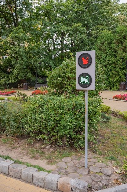 Semáforo en el parque símbolos de gatos en los emisores, Zelenogradsk, Rusia, orientación vertical