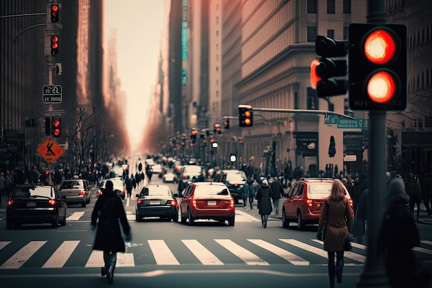 Semáforo rojo en el fondo de la concurrida calle de la ciudad con peatones y vehículos a la vista