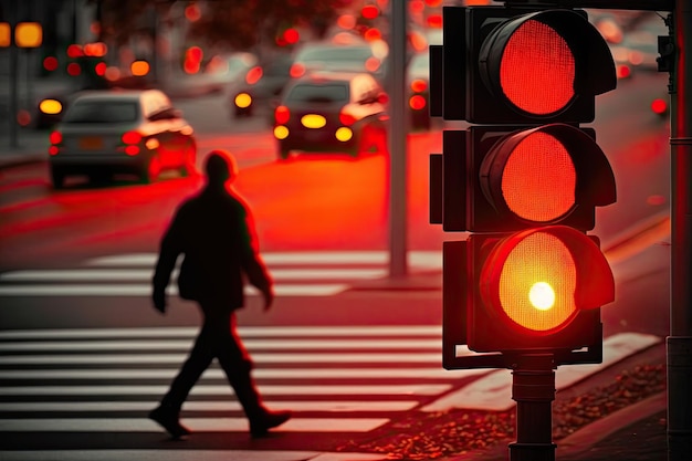 Semáforo rojo iluminado con persona cruzando la calle