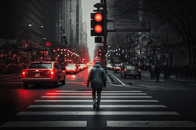 Semáforo en rojo en medio del paso de peatones con una persona esperando para cruzar la calle