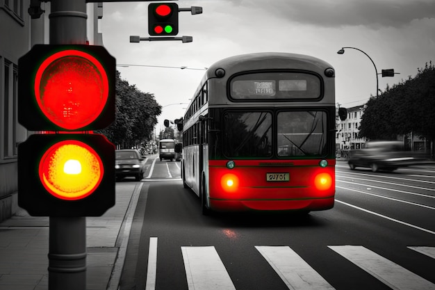 Semáforo en rojo con parada de autobús y subida o bajada de pasajeros