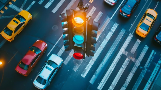 Foto un semáforo suspendido por encima de una intersección con múltiples carriles de tráfico guiando vehículos con señales claras