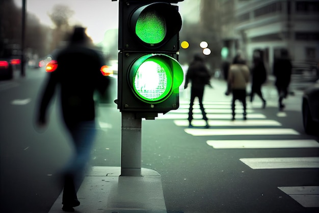 Semáforo verde com pessoa turva correndo para atravessar a rua