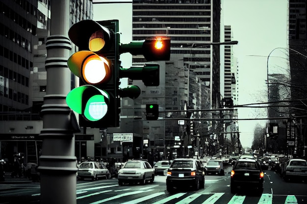 Semáforo verde com vista para a movimentada rua da cidade durante a hora do rush