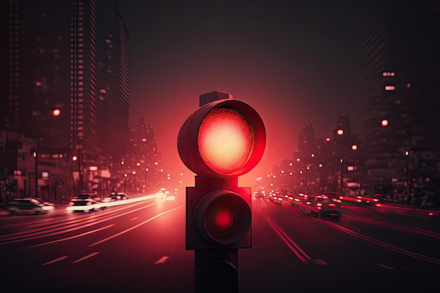 Semáforo vermelho brilhando no céu noturno com luzes da cidade ao fundo