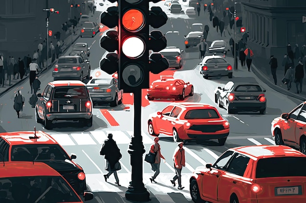 Semáforo vermelho no meio de uma rua movimentada cercada por carros e pessoas