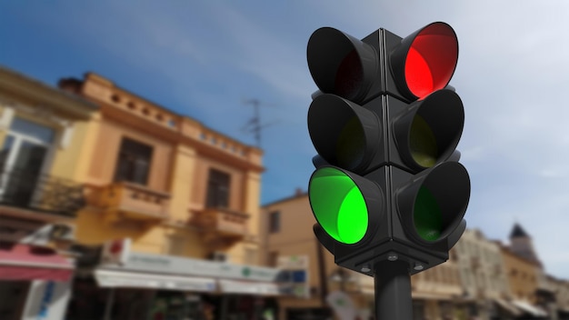 Semáforos en verde y rojo con fondo de vista de la calle de la ciudad