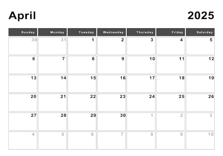 Foto semana de calendário de abril de 2025 início de domingo