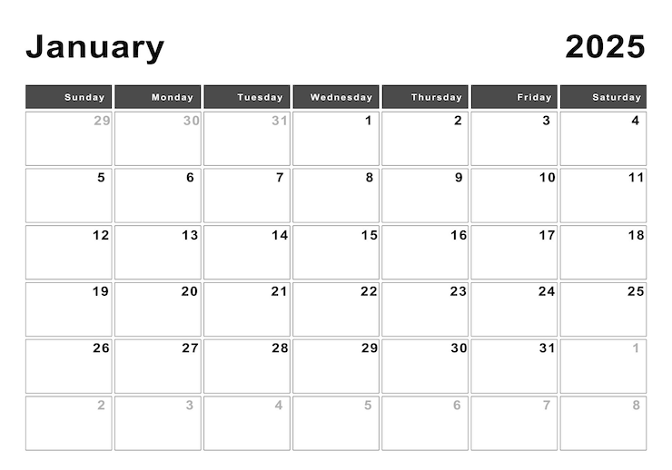 Foto semana de calendário de janeiro de 2025 início de domingo