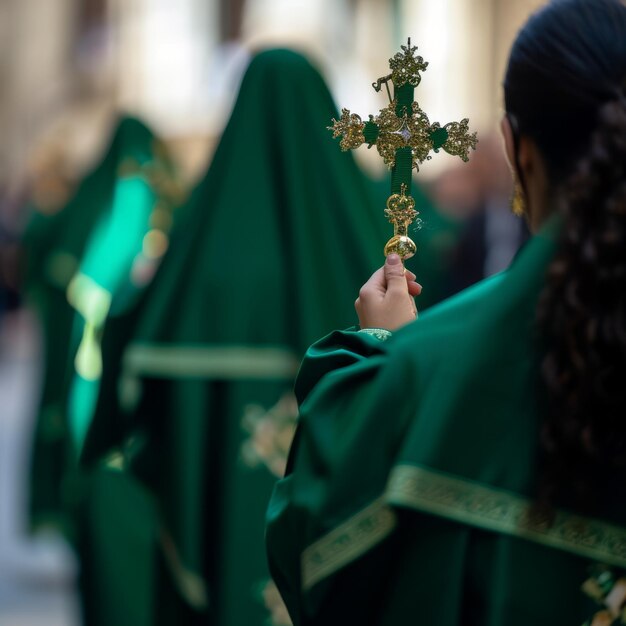 Foto la semana santa con procesiones y oraciones sosteniendo una cruz