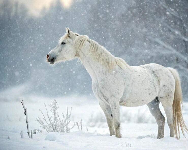 El semental blanco al galope Un magnífico caballo se encuentra orgulloso en un paisaje nevado