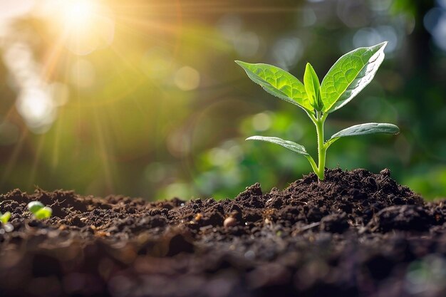 Sementeira verde crescendo a partir de sementes na luz da manhã novo conceito de vida