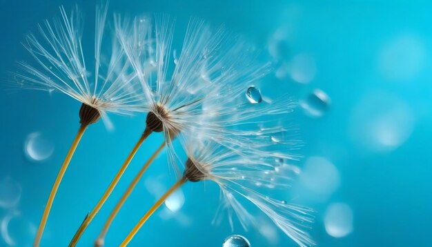 Foto sementes de flores de dente-de-leão com gotas de água em uma macro de fundo azul e turquesa