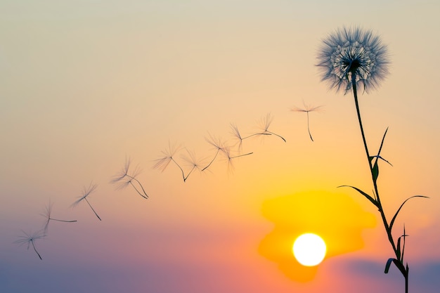 Sementes de flores dente de leão voam contra o pano de fundo do sol da tarde e do céu do pôr do sol. botânica floral da natureza