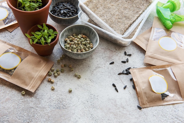Foto sementes de microgreens em sacos de papel e equipamentos para semear microgreens