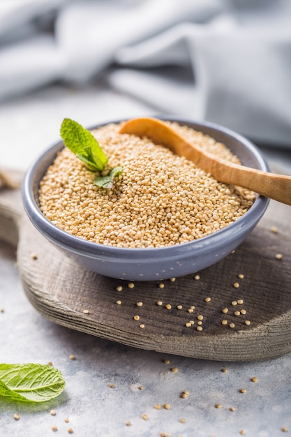 Sementes de quinoa branca crua (lat. Chenopodium quinoa) no prato com colher de pau