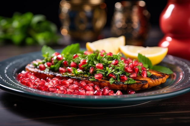 Sementes de romã em um prato com salada tabbouleh