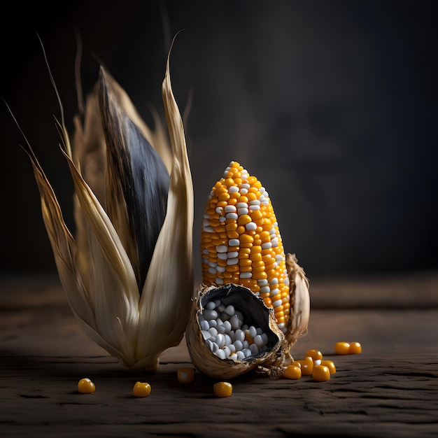 Sementes fotográficas e milho doce na mesa de madeira Fotografia de alimentos