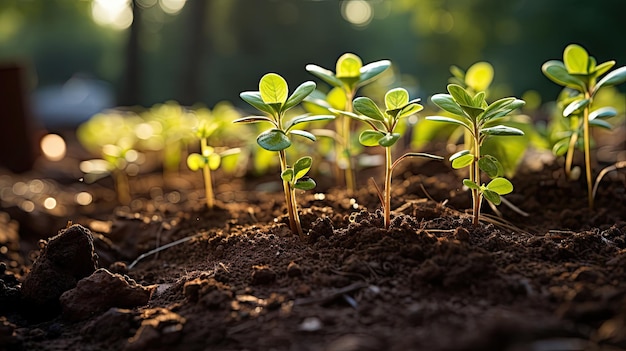 Sementes germinando em um campo agrícola iluminado pelo sol