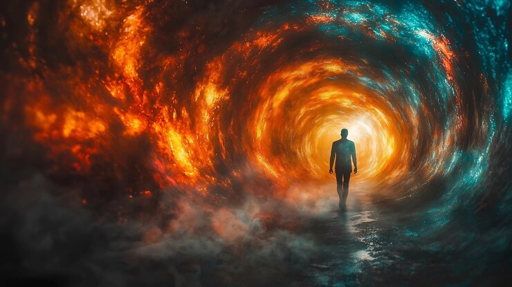 Foto semi-abstracta silueta humana caminando a través de un túnel de luz donde la forma se disuelve en remolino