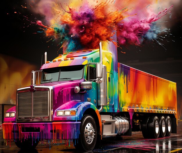 Foto semi caminhão colorido com fumaça saindo da cabine generativa ai