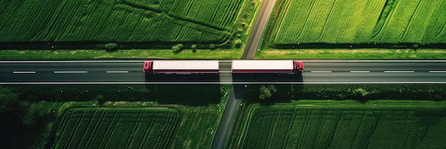 Foto semi-camión en la autopista con campos verdes vista aérea