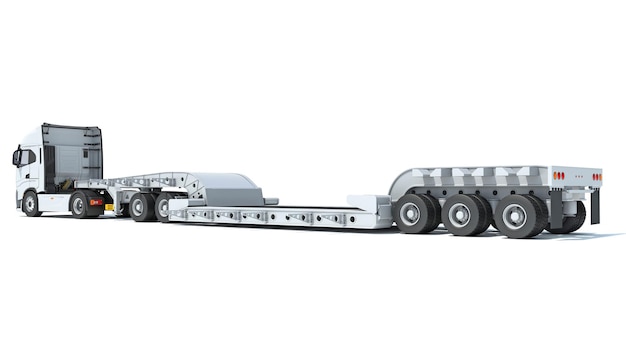 Semi camión con remolque de plataforma Lowboy renderizado en 3D sobre fondo blanco