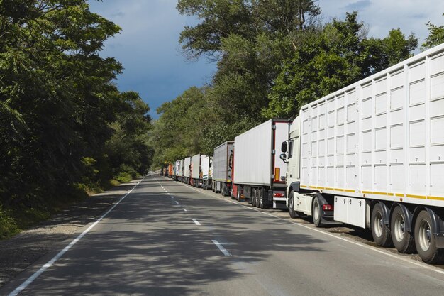 Foto semi-lkw warten in einer reihe in der nähe des grenzverkehrsstaus