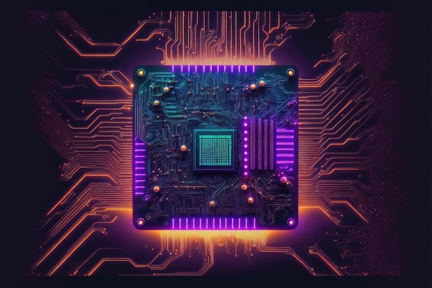 Semiconductor de microchip de computadora en la placa base iluminación de neón cibernético futurista