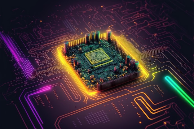 Semiconductor de microchip de computadora en la placa base iluminación de neón cibernético futurista