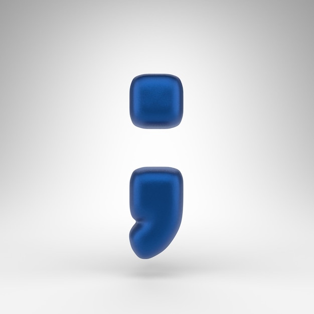 Semikolon-Symbol auf weißem Hintergrund. Eloxiertes blaues 3D gerendertes Schild mit matter Textur.